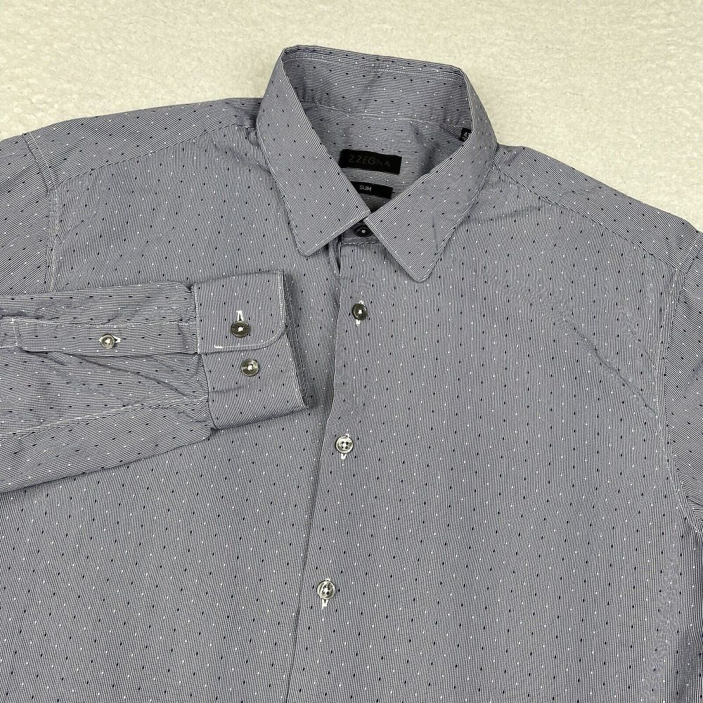 Z Zegna Shirt Mens 43/17 Blue Polka Dot‎ Slim Fit Dress Shirt Button Up Preppy